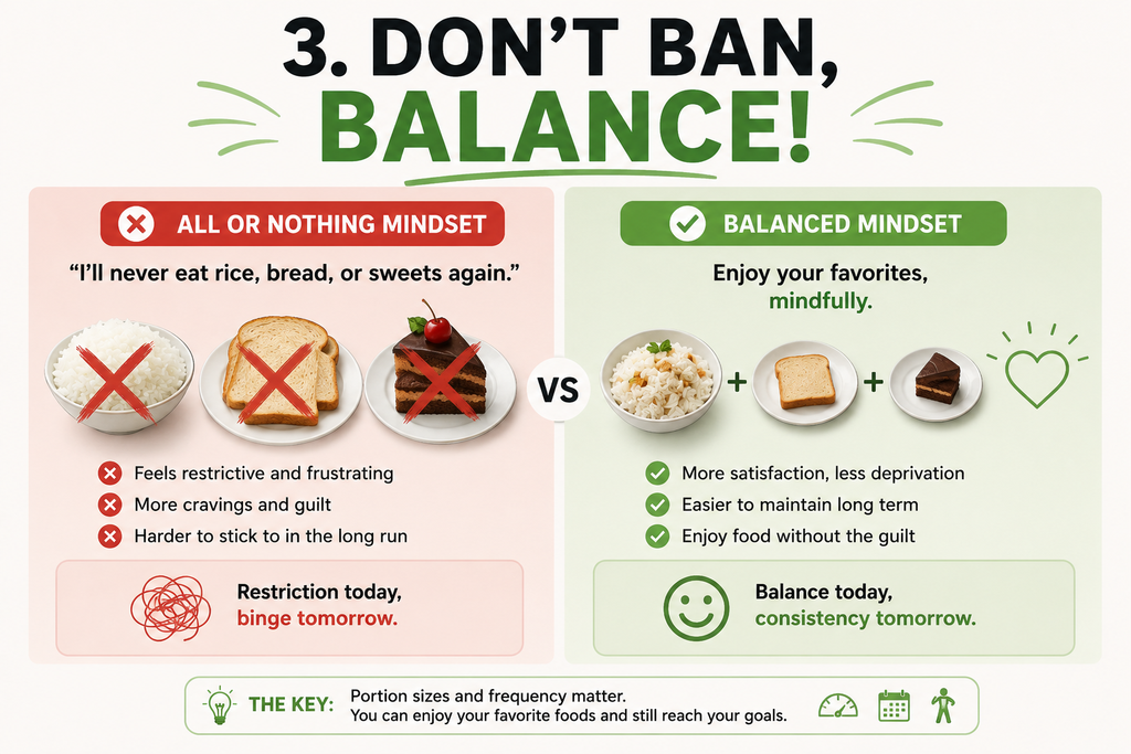 Balanced portions of favorite foods for weight loss