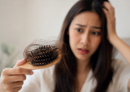 Worried woman holding a hairbrush with noticeable hair shedding, representing sudden hair loss.