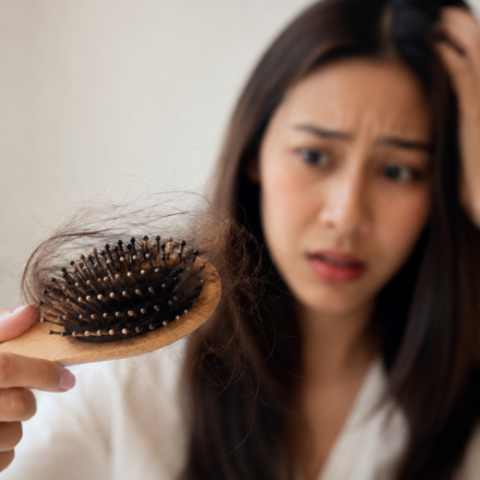 Worried woman holding a hairbrush with noticeable hair shedding, representing sudden hair loss.