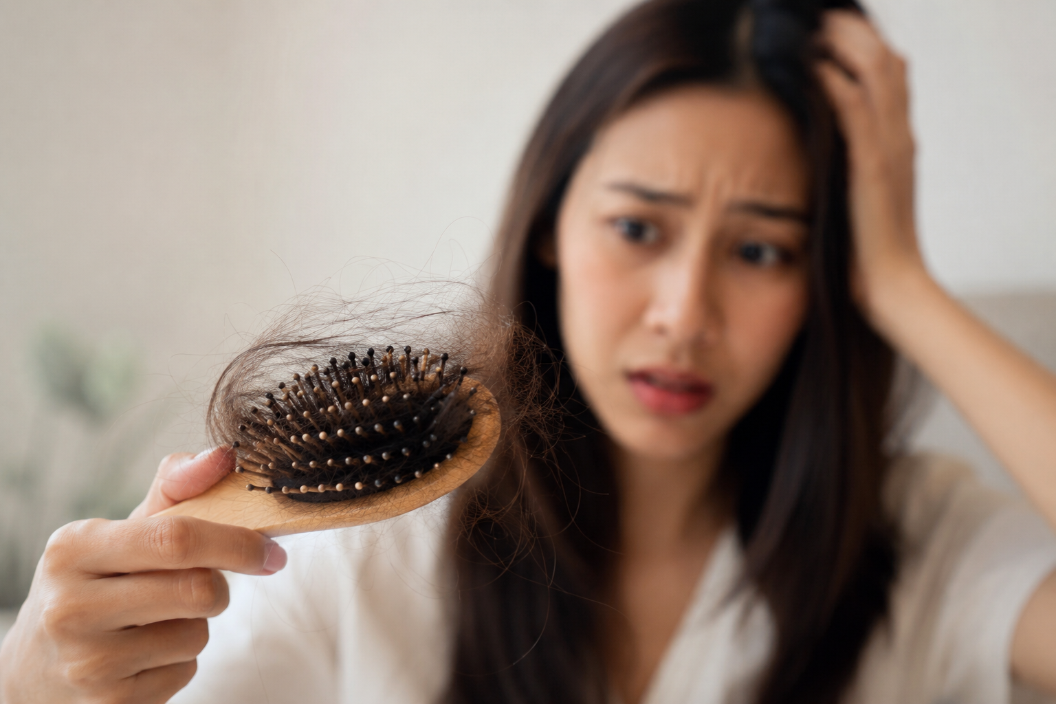 Worried woman holding a hairbrush with noticeable hair shedding, representing sudden hair loss.