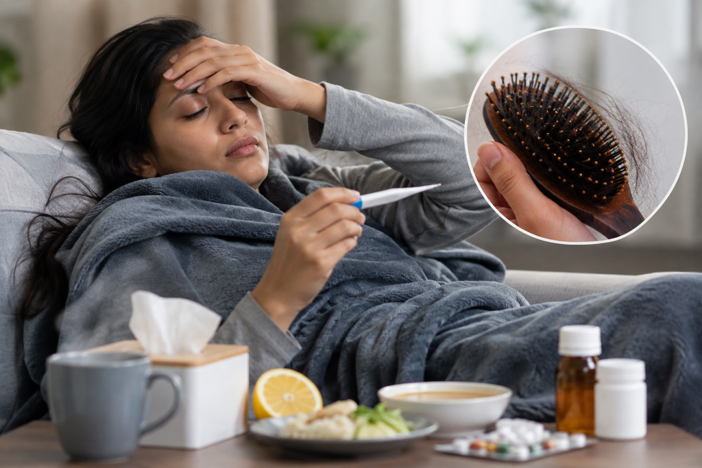 Sick woman resting in bed with a thermometer, tissues, and a warm drink, with loose hair visible on a nearby hairbrush.