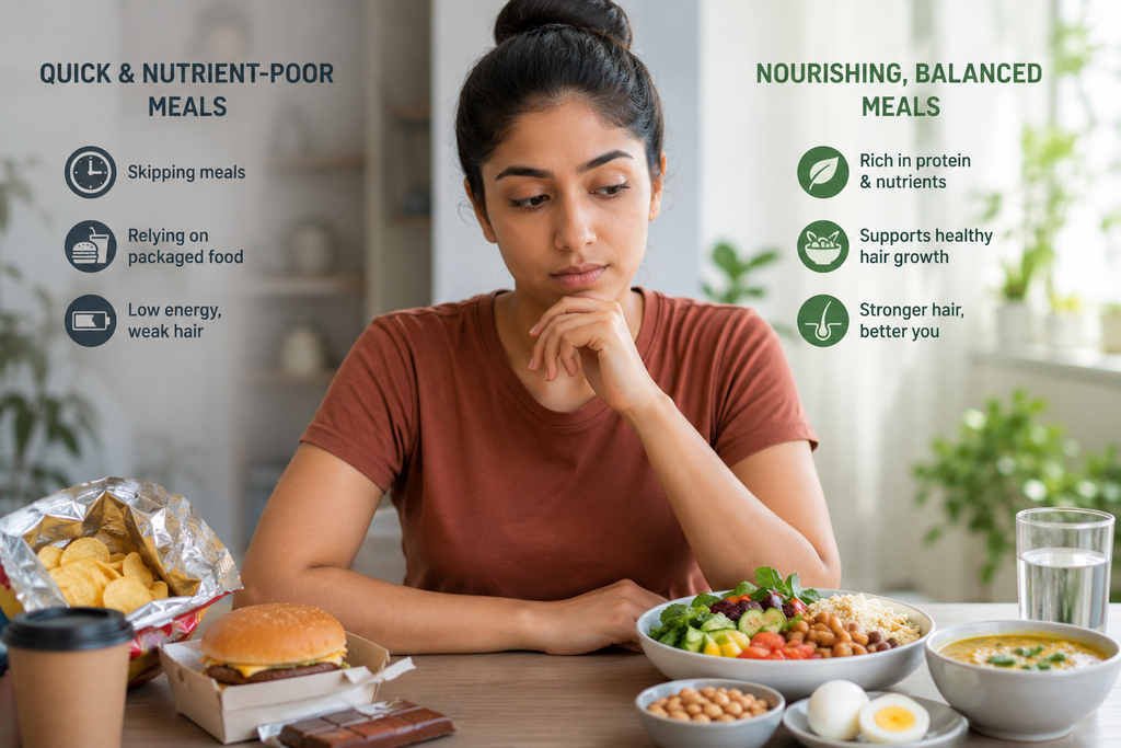 Woman sitting at a table with quick packaged foods on one side and balanced foods like eggs, dal, vegetables, and nuts on the other.