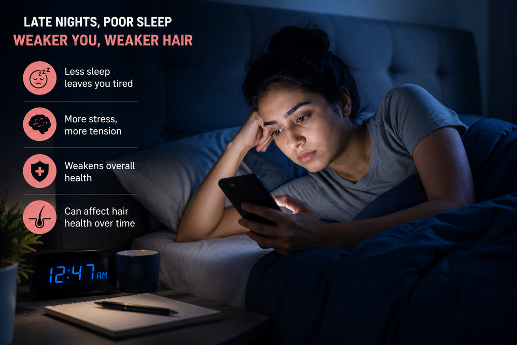Tired woman lying in bed late at night while scrolling on her phone, with a bedside clock showing a late hour.