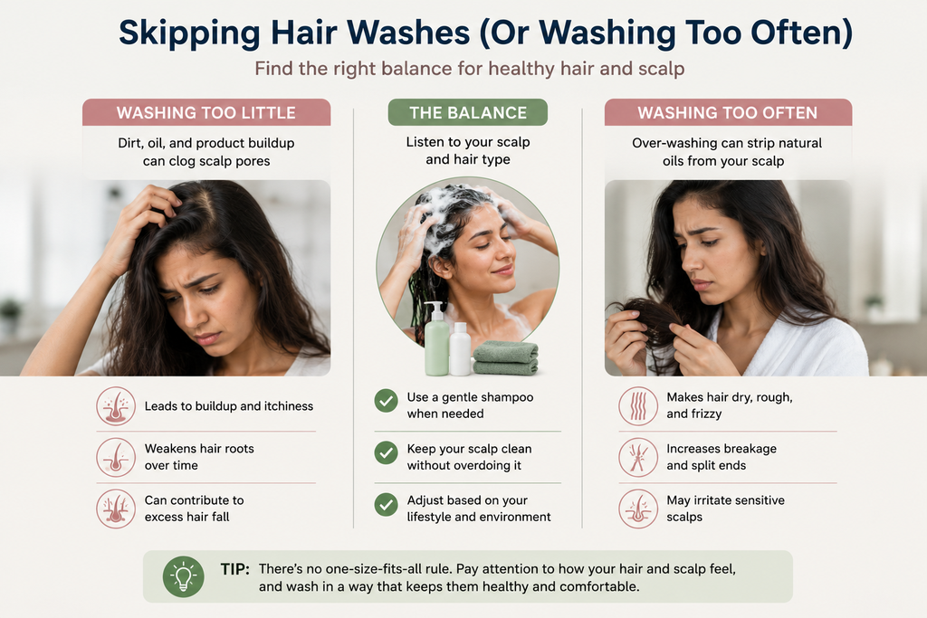 Woman washing her hair with shampoo, illustrating the need to find the right balance in a hair-washing routine.