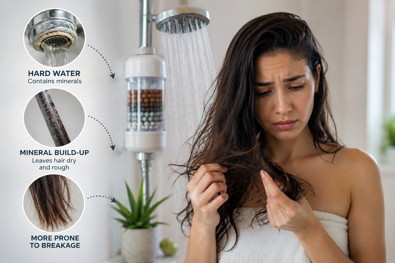 Woman examining dry, tangled hair in a bathroom beside a shower with a water filter, representing the effects of hard water on hair.