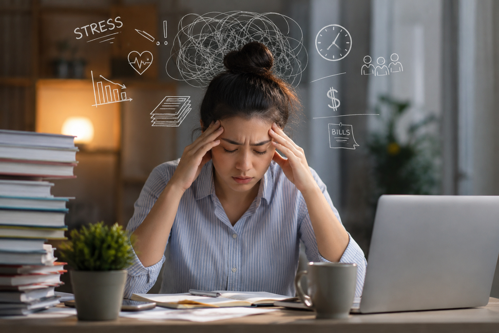 Stressed woman sitting at a desk with her hands on her temples, surrounded by signs of work pressure and everyday stress.