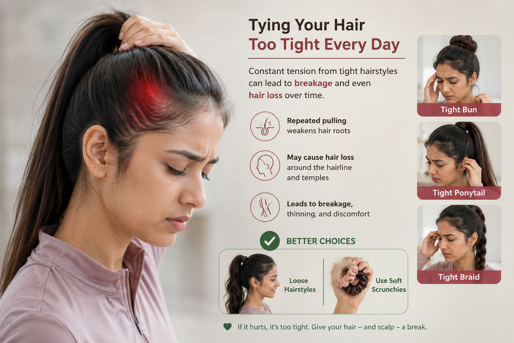 Woman wearing a tight ponytail and showing discomfort around her scalp, illustrating repeated tension from tight hairstyles.