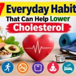 Healthy lifestyle habits for supporting healthy cholesterol, including fiber-rich foods, exercise, healthy fats, nuts, sleep, stress management, and limiting sugary drinks.