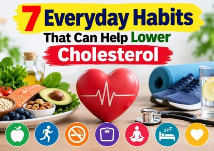 Healthy lifestyle habits for supporting healthy cholesterol, including fiber-rich foods, exercise, healthy fats, nuts, sleep, stress management, and limiting sugary drinks.
