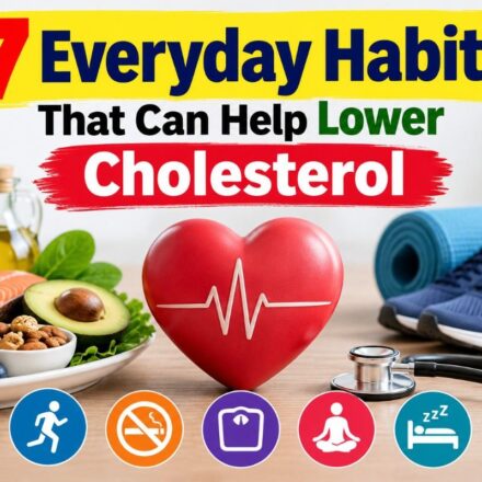 Healthy lifestyle habits for supporting healthy cholesterol, including fiber-rich foods, exercise, healthy fats, nuts, sleep, stress management, and limiting sugary drinks.