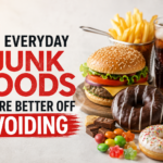 7 Everyday Junk Foods You’re Better Off Avoiding — featured image showing common junk foods including burgers, fries, soda, chips, donuts, cookies, and candy.