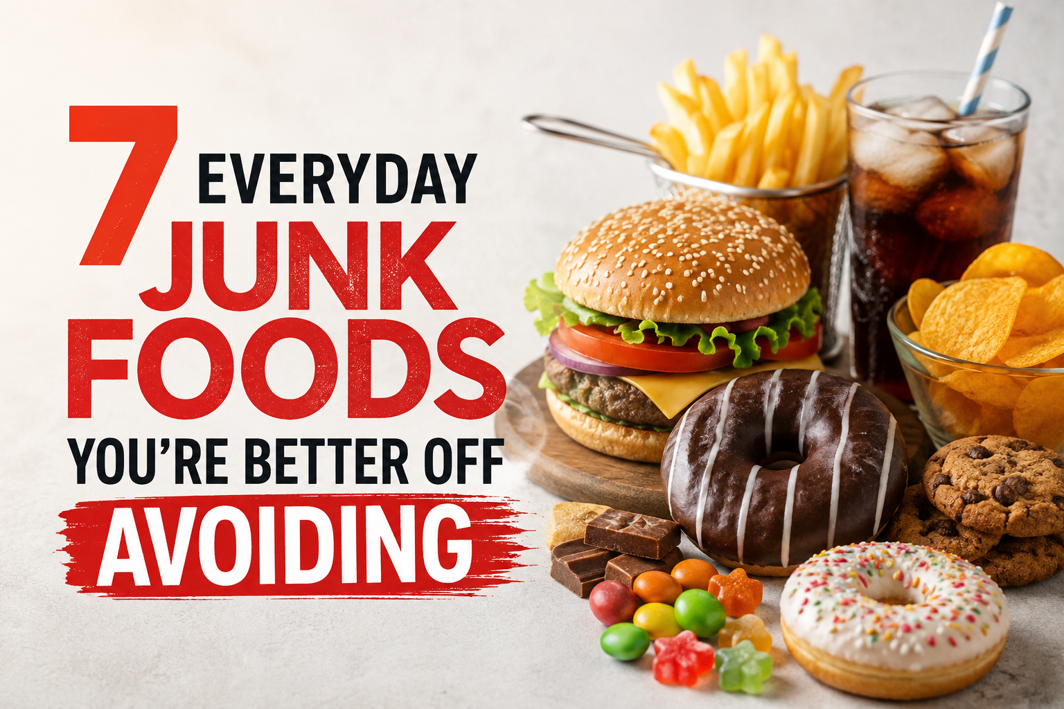 7 Everyday Junk Foods You’re Better Off Avoiding — featured image showing common junk foods including burgers, fries, soda, chips, donuts, cookies, and candy.