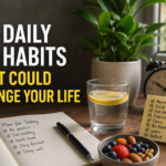 Eight daily habits for a healthier, more productive life, featuring a morning routine, water, planning, healthy food, and mindful habits.