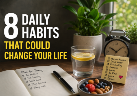 Eight daily habits for a healthier, more productive life, featuring a morning routine, water, planning, healthy food, and mindful habits.