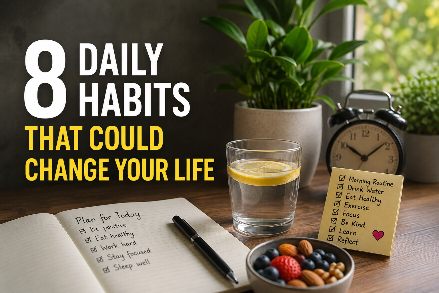Eight daily habits for a healthier, more productive life, featuring a morning routine, water, planning, healthy food, and mindful habits.