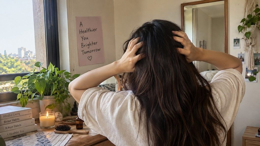 Woman gently massaging her scalp with her hands in a bright bedroom, surrounded by plants, a hairbrush, candle, and natural hair-care products.