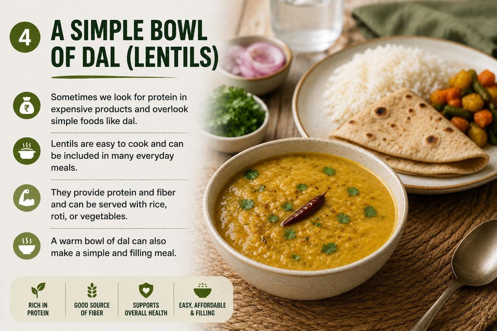A warm bowl of dal with rice, roti, and vegetables as a simple everyday meal.