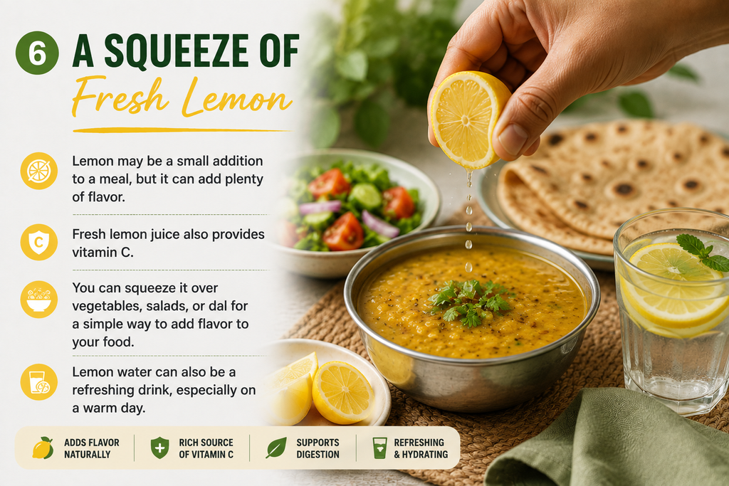 Fresh lemon being squeezed over dal with salad and lemon water beside the meal.