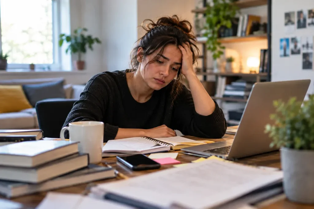 Adult woman feeling overwhelmed while working at a cluttered home office desk with a laptop and notes