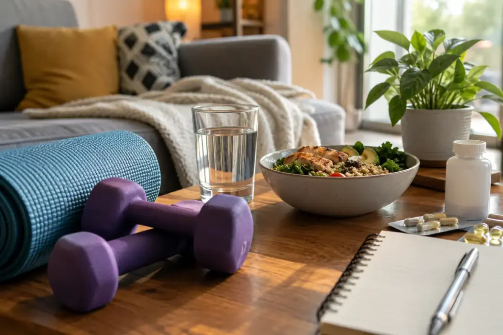 Lifestyle scene with exercise equipment, healthy food, water, and wellness items representing joint health and arthritis care.