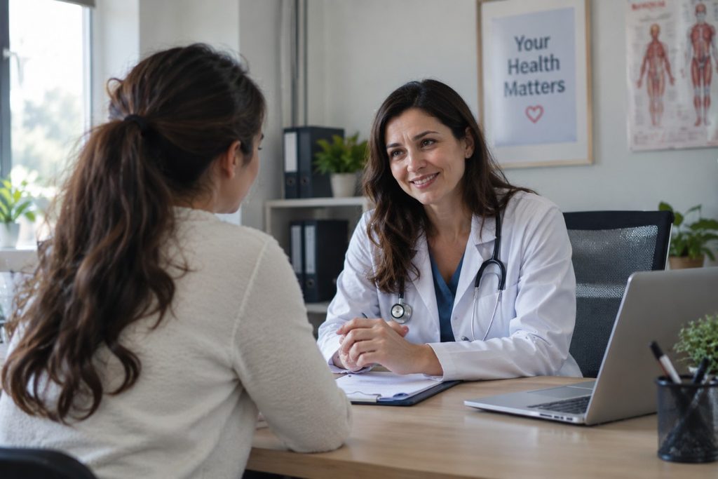 Woman discussing her health with a doctor during a consultation in a modern medical office.