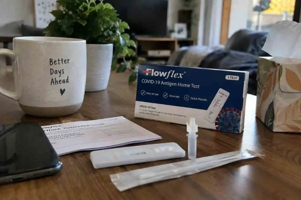 COVID-19 home test kit with rapid antigen test cassette, nasal swab, and testing supplies on a table at home