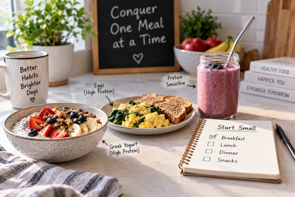 Healthy high-protein breakfast options including eggs, Greek yogurt, berries, and a protein smoothie arranged on a kitchen counter.