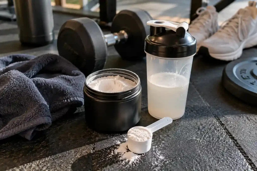 Creatine supplement powder, shaker bottle, dumbbells, towel, and workout shoes arranged naturally on a gym floor.