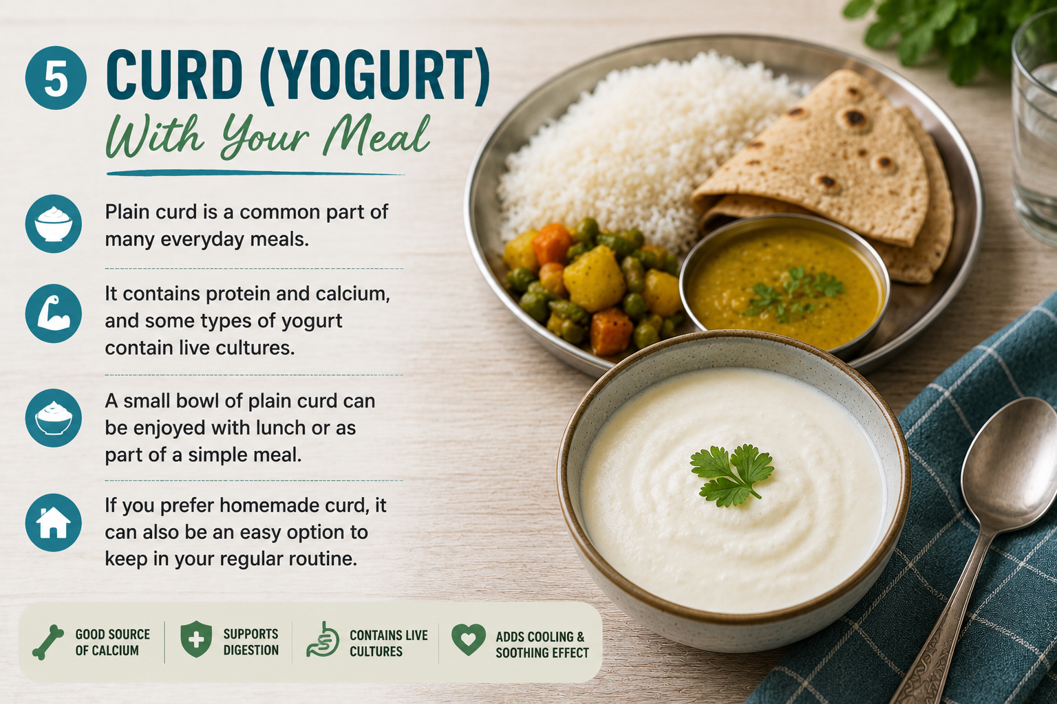 A bowl of plain curd served alongside a traditional meal with rice, roti, dal, and vegetables.