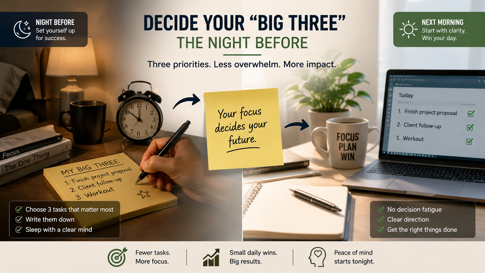 Big Three planning method with three priority tasks written down the night before for a focused and productive morning.