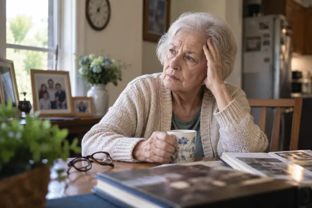 Elderly woman sitting at a kitchen table looking thoughtful while surrounded by family photos and personal items
