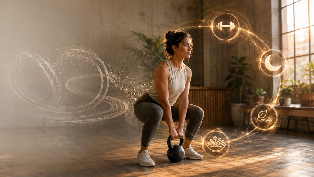 A woman performs a controlled kettlebell exercise while a glowing orbit connects symbols for strength, sleep, nourishment, and calm, representing a balanced approach to fitness.