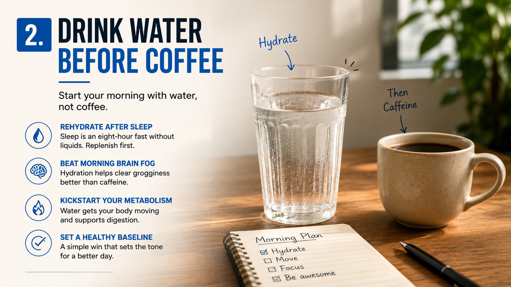 Glass of water beside a cup of coffee, illustrating the habit of drinking water before coffee in the morning.