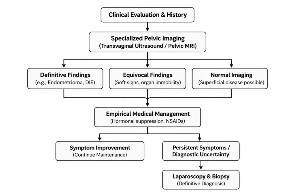 Flowchart showing the clinical evaluation, pelvic imaging, medical management, and diagnostic pathway for endometriosis.