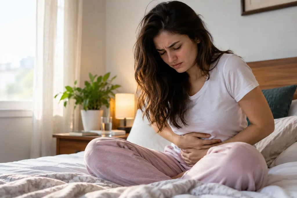 Woman experiencing pelvic pain while sitting on a bed