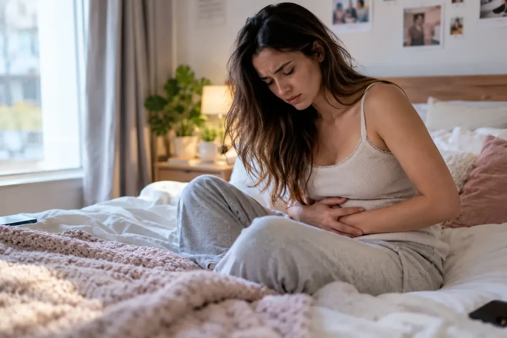 Woman experiencing pelvic pain while sitting on a bed in a comfortable home setting, representing a common symptom associated with endometriosis.