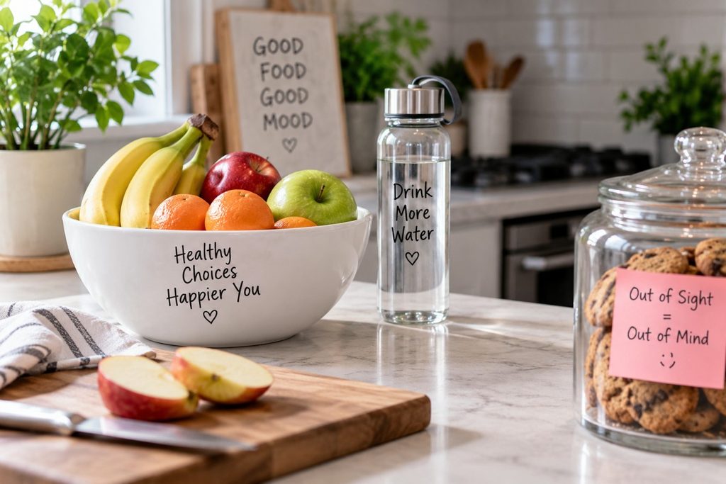A kitchen counter with fresh fruit and water placed within easy reach while less healthy snacks are kept out of sight.