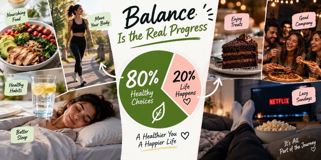 A balanced lifestyle showing healthy habits alongside treats, social time, and relaxation as part of an 80/20 approach to wellness.
