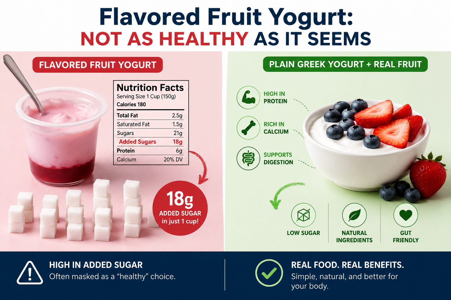 Flavored fruit yogurt with added sugar compared with plain Greek yogurt topped with fresh blueberries and strawberries.