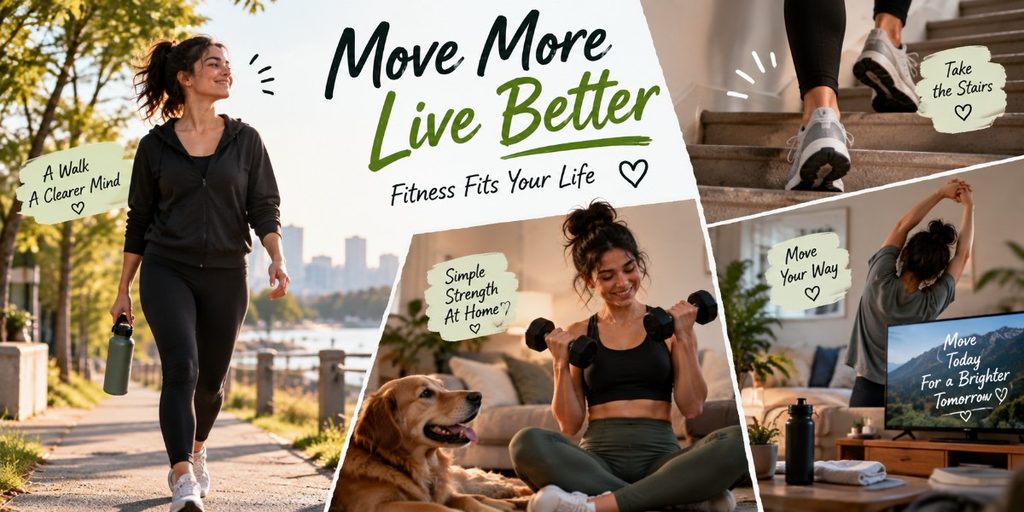 A woman walking outdoors and exercising at home, showing simple ways to make regular movement an easy part of everyday life.