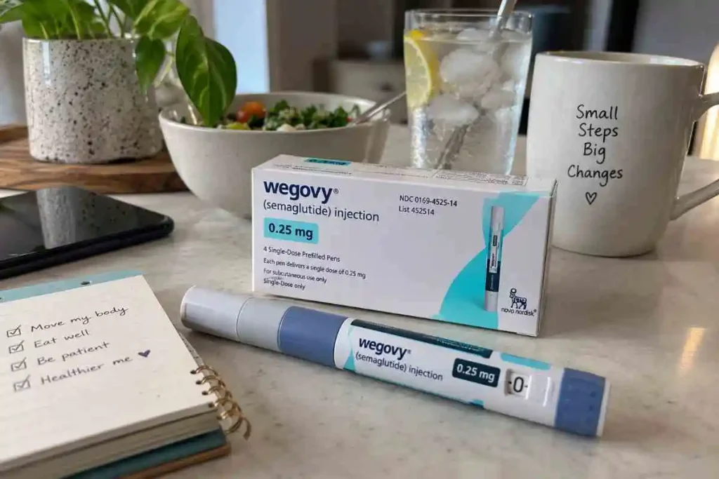 GLP-1 medication injection pen with healthy food, water, and wellness items on a kitchen table