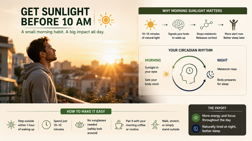 Person enjoying morning sunlight outdoors before 10 AM to support a healthy circadian rhythm and better sleep.