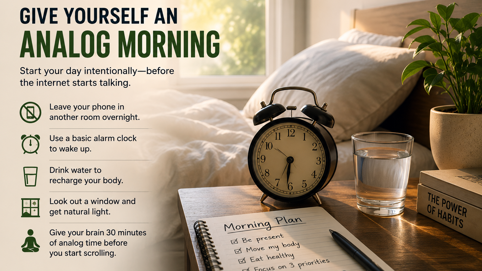 Analog morning routine with an alarm clock, water, natural light, journaling, and 30 minutes without a phone.