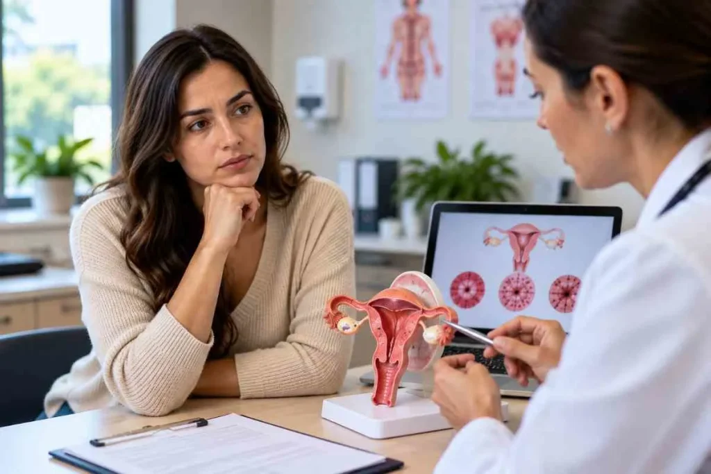 Adult looking concerned while discussing HPV symptoms with a healthcare professional in a realistic clinical setting