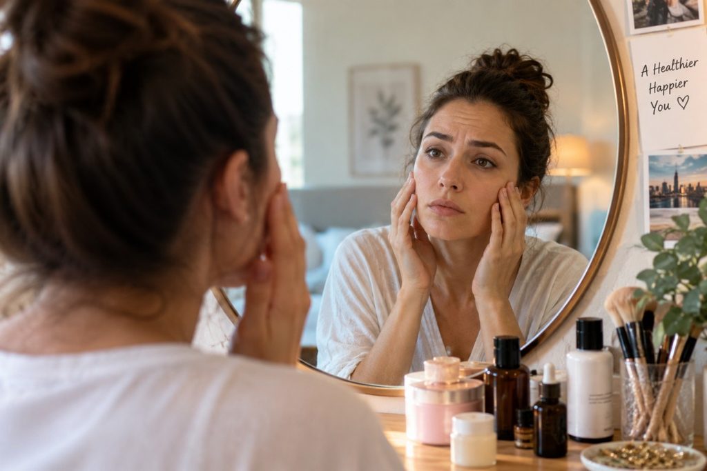 Woman looking at her reflection in a mirror while thinking about everyday habits that may make her feel older.