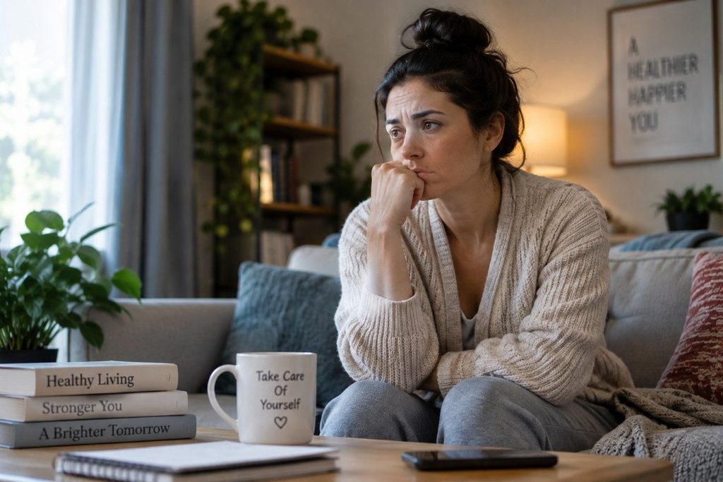 Woman sitting thoughtfully at home, reflecting on her health and well-being.