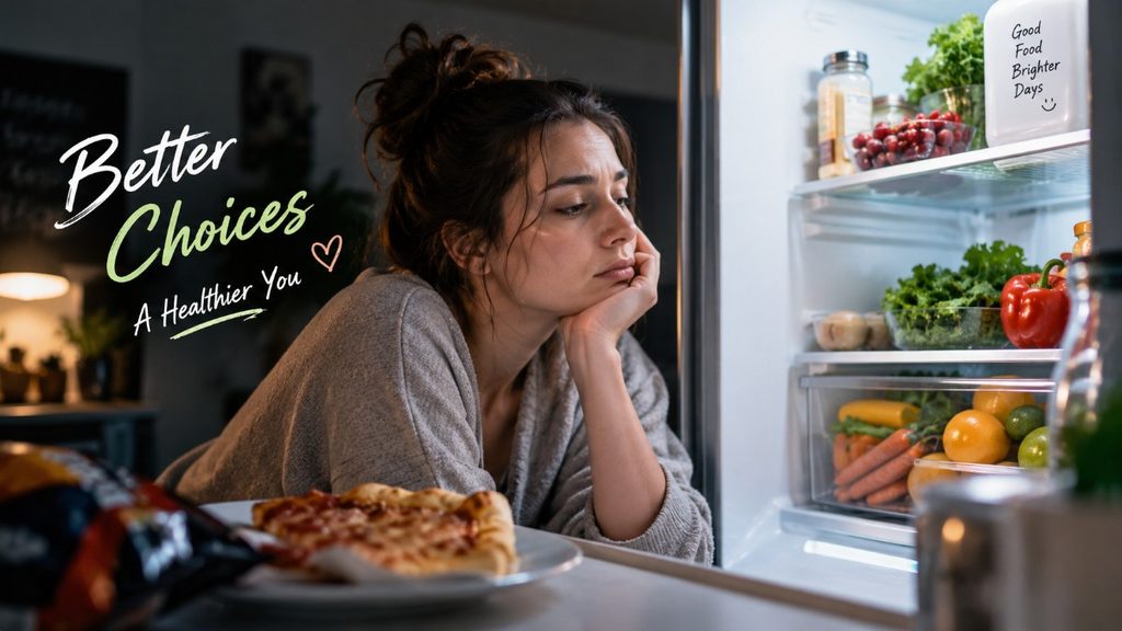 A tired woman choosing between takeout food and fresh ingredients while preparing to make a healthier meal.