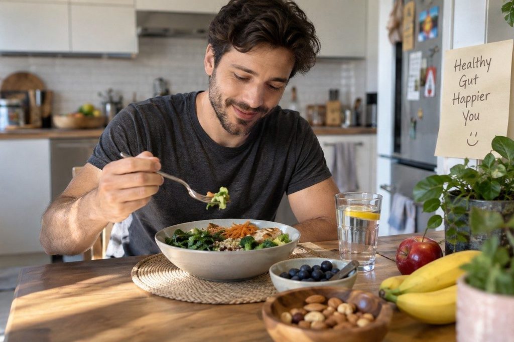 Man enjoying a healthy meal with vegetables, fruit, nuts, and water at home.