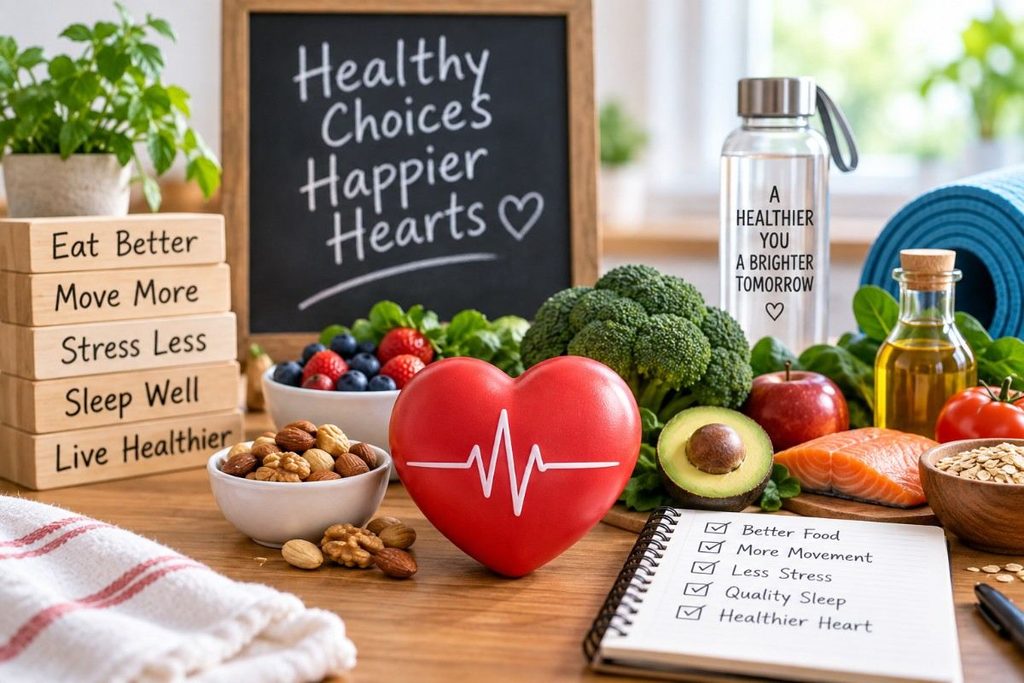 Healthy habits to Lower Cholesterol, including nutritious foods, exercise, healthy fats, nuts, quality sleep, stress management, and fewer sugary drinks.