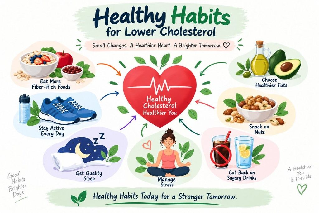 Healthy lifestyle habits for supporting lower cholesterol, including fiber-rich foods, daily activity, healthy fats, nuts, quality sleep, stress management, and fewer sugary drinks.
